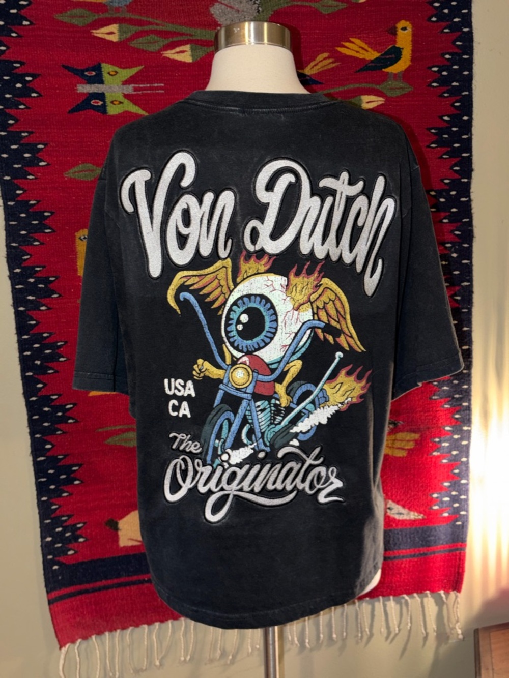 Von Dutch Black Tee with Multicolor Eyeball Motorcycle Graphic